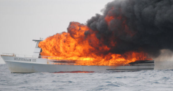 Side view of the Gulfstream III burning off Key West, Florida on Jan. 19, 2010