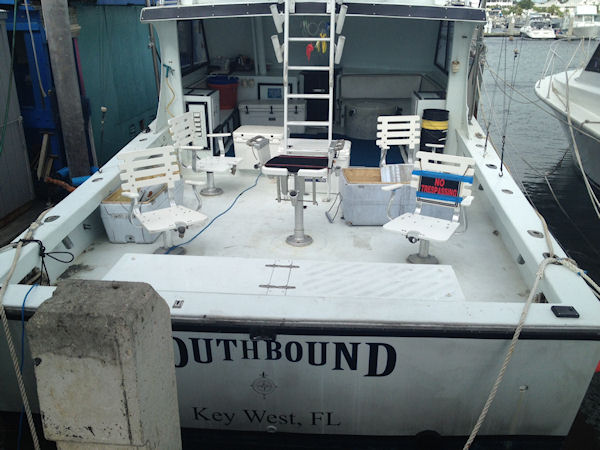Charter boat Southbound with storm lines on it in prep for Hurricane Isaac at Charter Boat Row, Key West Florida