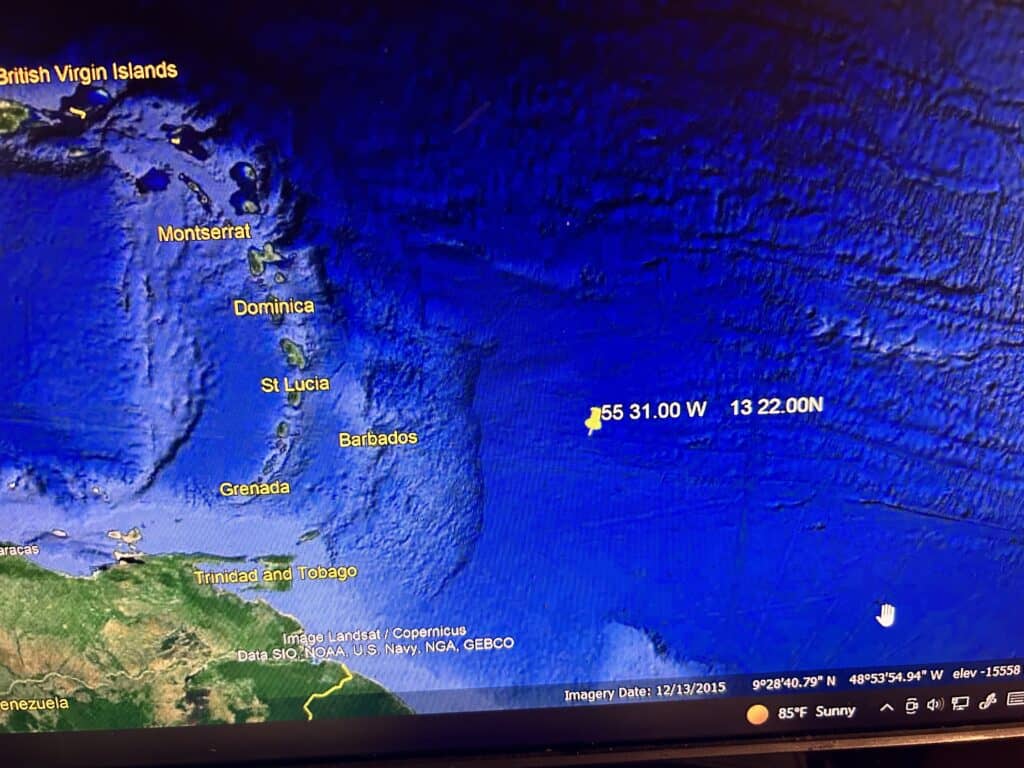 Location East of Barbados where bottle started